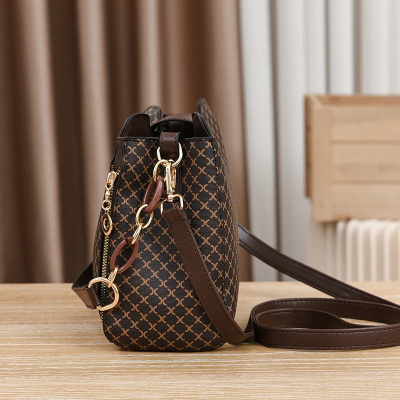 Luxury Check Print Bucket Bag – Flip Closure Shoulder & Crossbody Handbag for Women