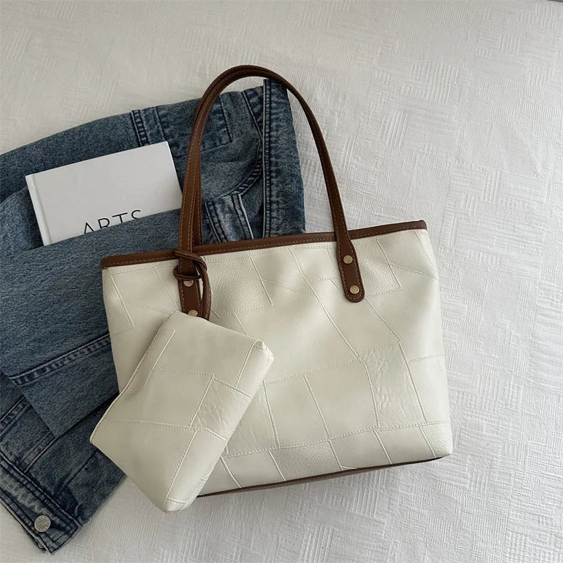 Vintage Patchwork PU Tote – Large Capacity Casual Shoulder Bag for Women
