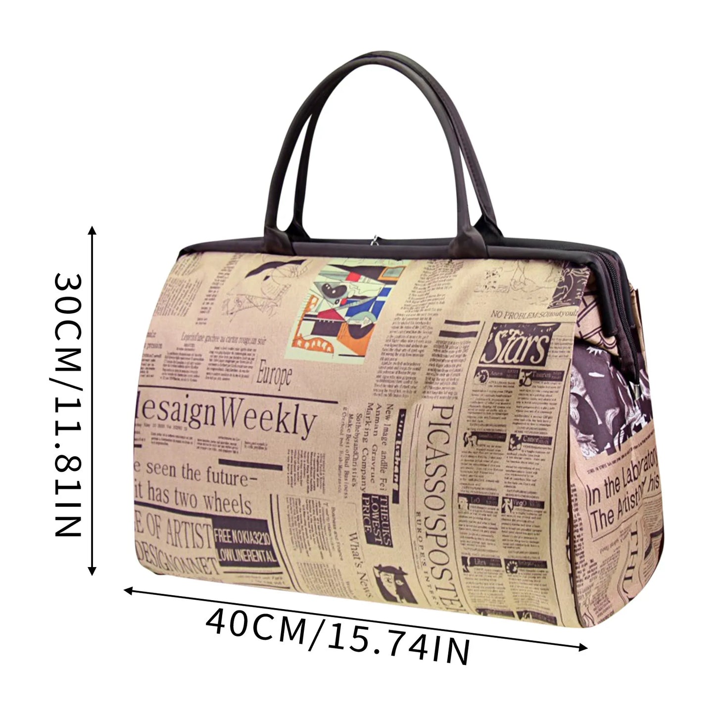 Vintage Print Travel Bag – Large Newspaper Shoulder Tote for Women
