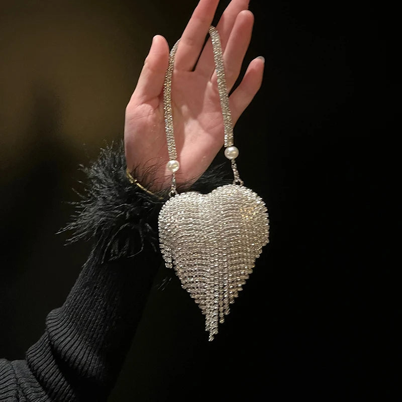Luxury Bling Heart Clutch – Rhinestone Evening Bag with Chain for Women