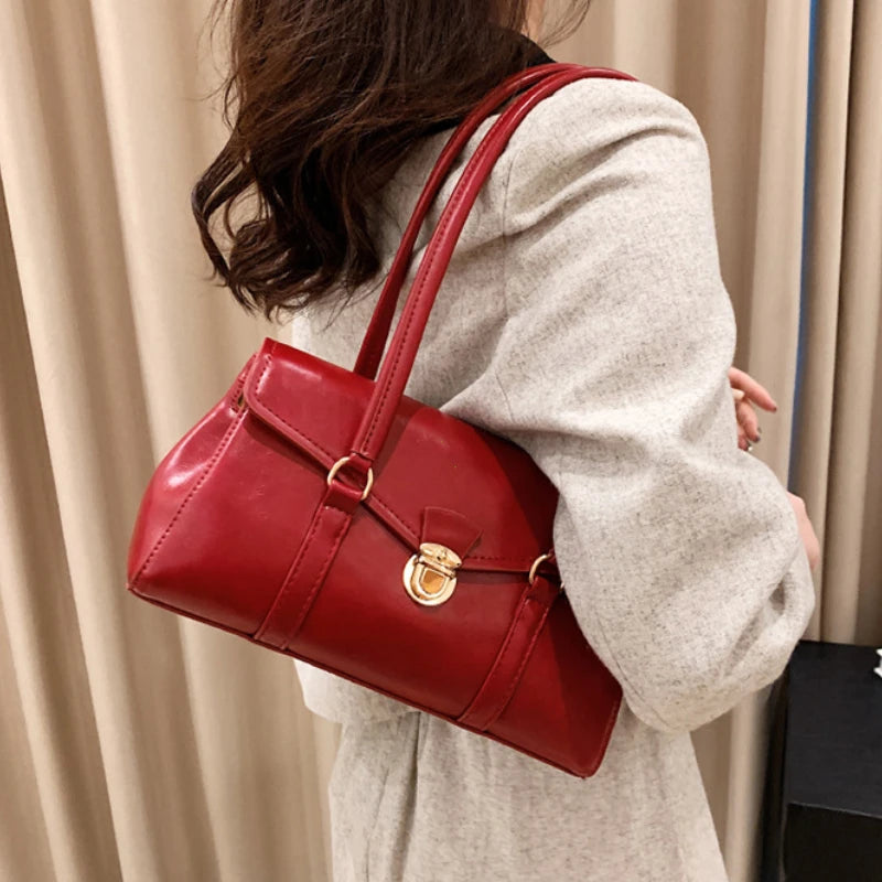 Vintage England-Style Leather Bag – Retro Red Underarm Tote & Commuter Shoulder Purse for Women