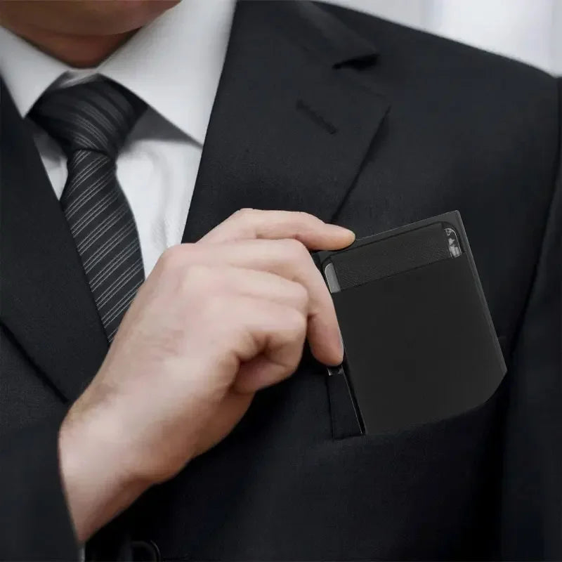 Automatic Flip Card Holder – Metal Anti-Theft Wallet with 12-Slot Side Push Design for Men