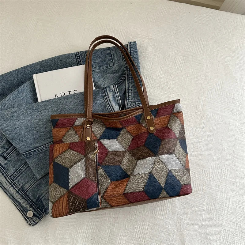 Vintage Patchwork PU Tote – Large Capacity Casual Shoulder Bag for Women