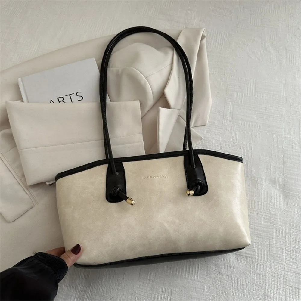 Y2K Solid Leather Tote – Large Capacity Work Shoulder Bag for Women