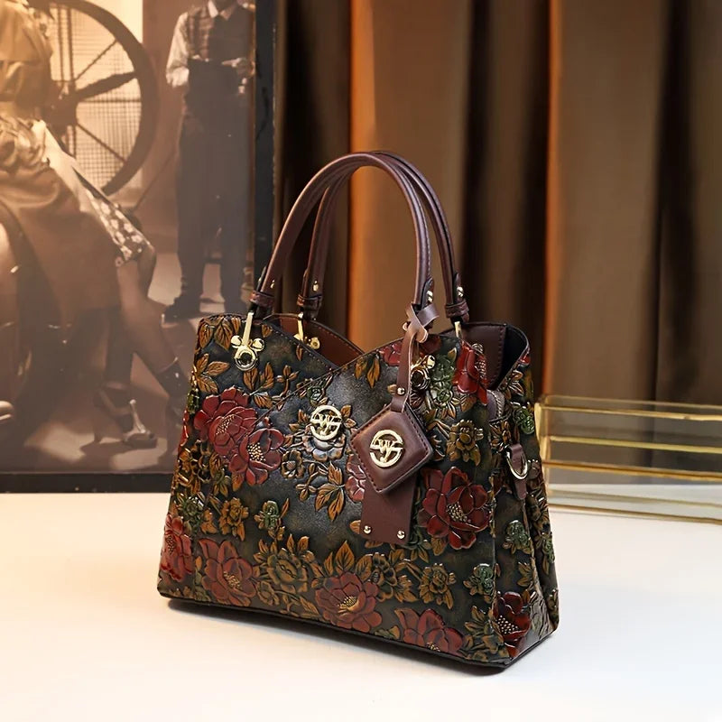 Vintage Floral Leather Tote – Luxury Fashion Crossbody Handbag for Women