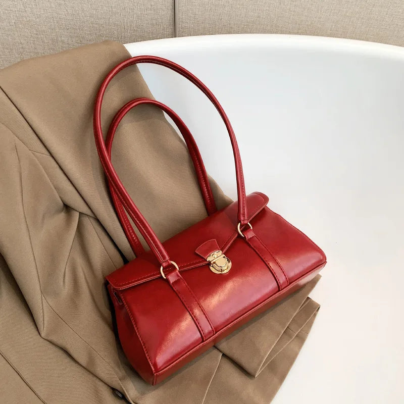 Vintage England-Style Leather Bag – Retro Red Underarm Tote & Commuter Shoulder Purse for Women