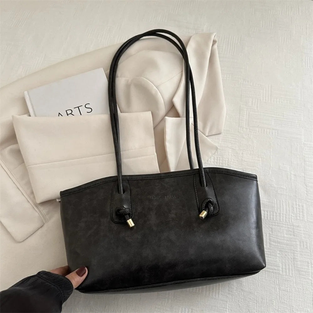 Y2K Solid Leather Tote – Large Capacity Work Shoulder Bag for Women