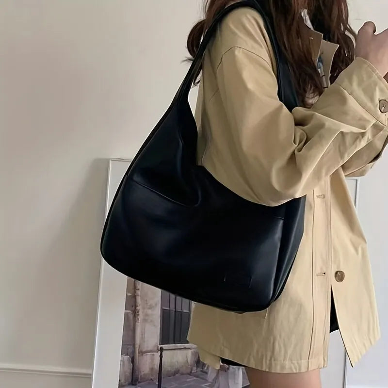Women Hobo Bag Simple PU Leather Solid Shoulder Bag