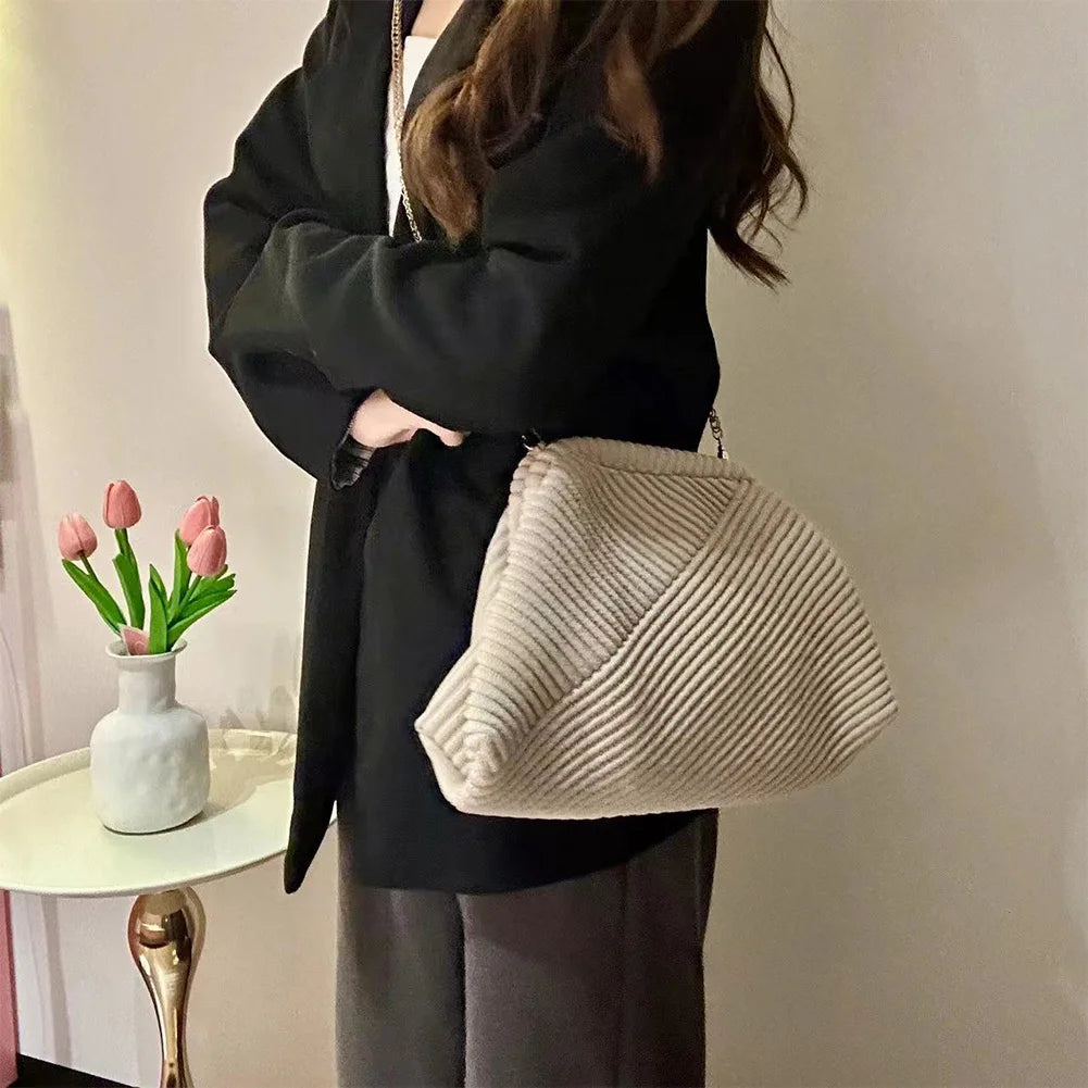 Chic Corduroy Evening Clutch – Large Fashion Shoulder Bag with Chain Strap