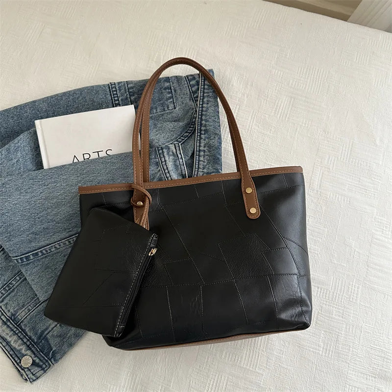 Vintage Patchwork PU Tote – Large Capacity Casual Shoulder Bag for Women