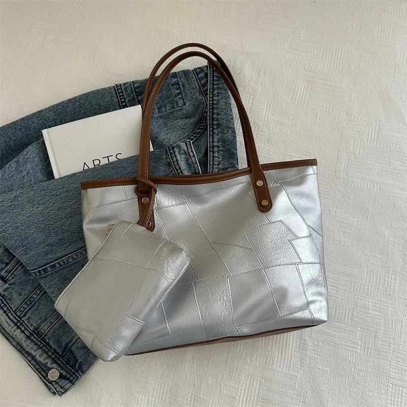 Vintage Patchwork PU Tote – Large Capacity Casual Shoulder Bag for Women