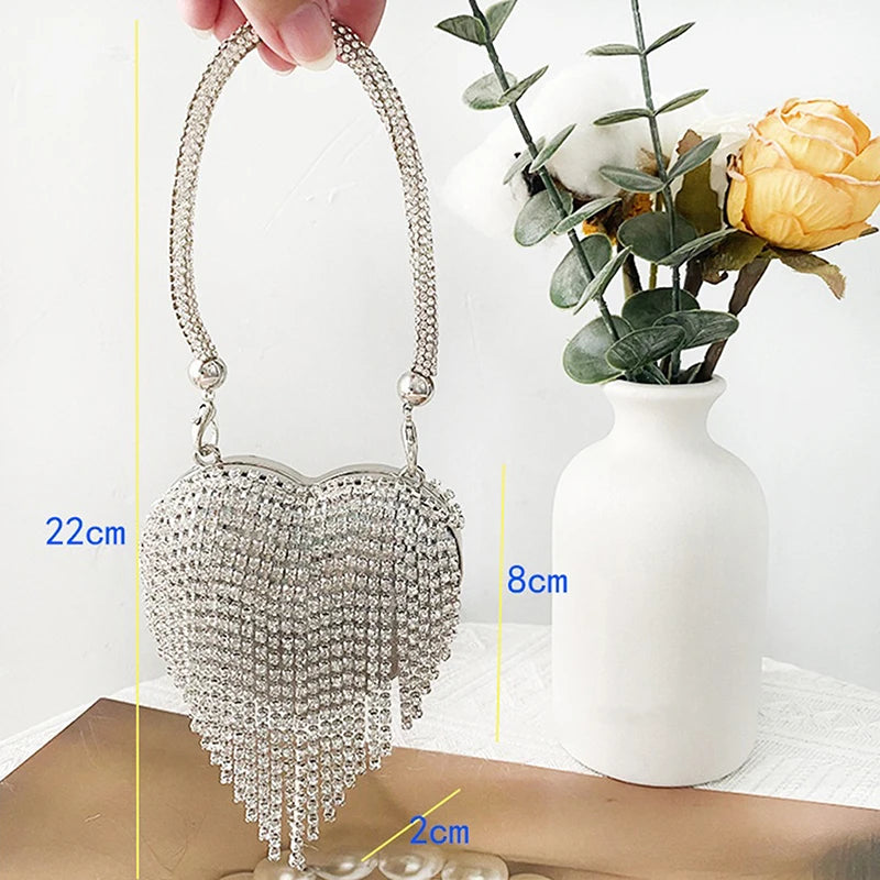 Luxury Bling Heart Clutch – Rhinestone Evening Bag with Chain for Women