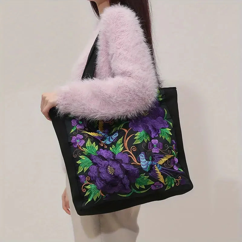 Ethnic Floral Embroidered Canvas Tote – Large Capacity Shoulder Bag for Women