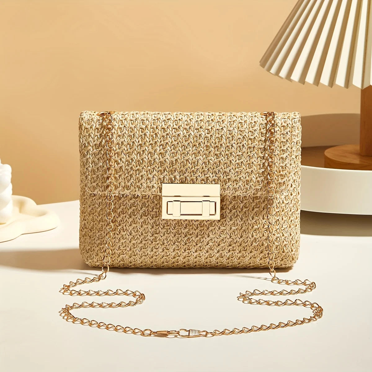 Woven Straw Shoulder Bag – Handwoven Solid Color Crossbody Purse with Lock Closure