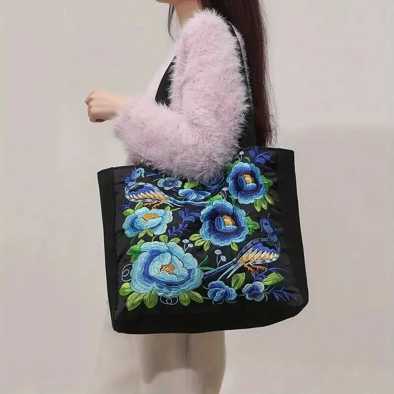 Ethnic Floral Embroidered Canvas Tote – Large Capacity Shoulder Bag for Women