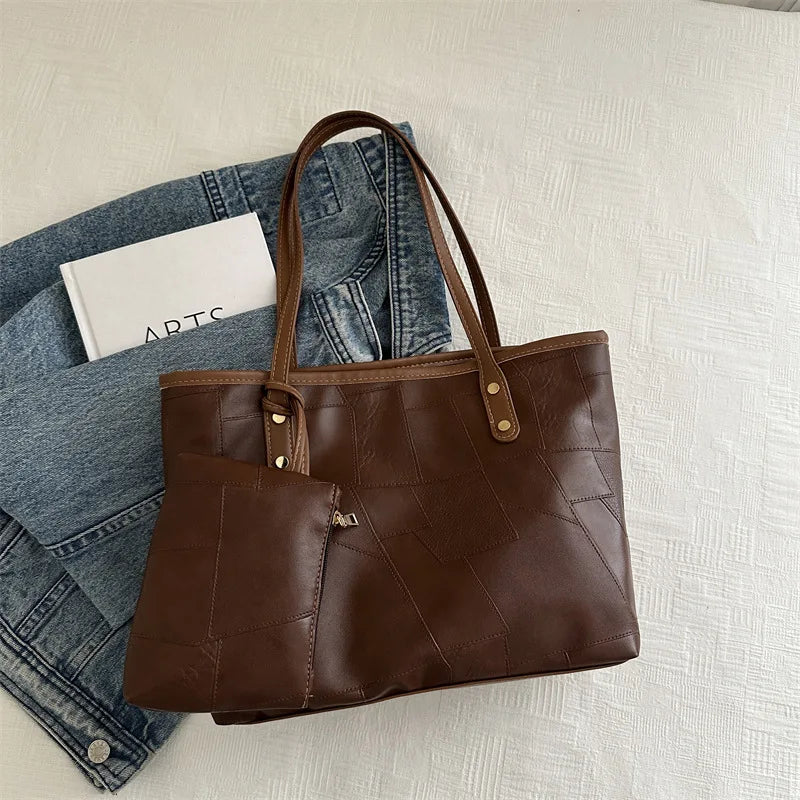 Vintage Patchwork PU Tote – Large Capacity Casual Shoulder Bag for Women