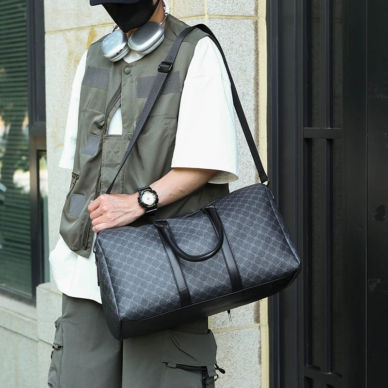 Men’s Black Travel Bag – Large Capacity Printed Shoulder & Luggage Handbag for Business Trips
