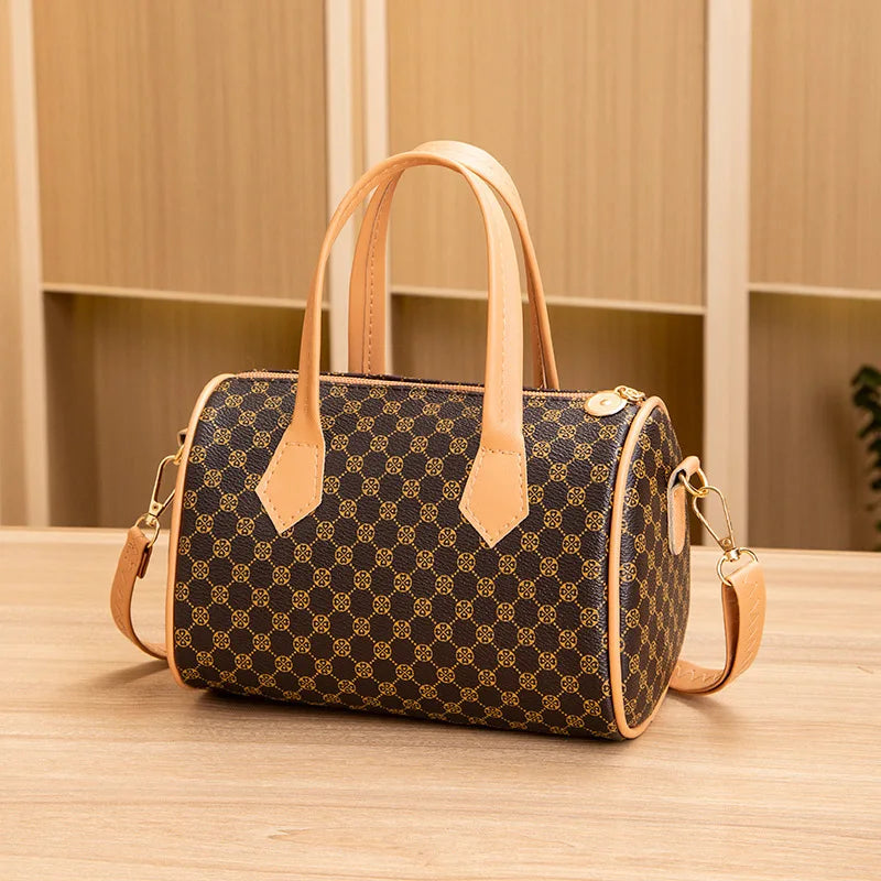 European Retro Boston Barrel Bag – Printed Large-Capacity Crossbody Handbag for Women