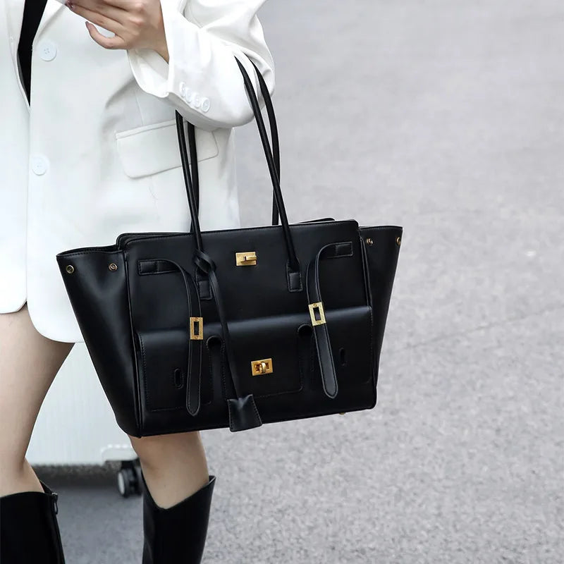 Black Genuine Leather Lock Tote – Trendy Winged Shoulder Bag for Women’s Daily Commute