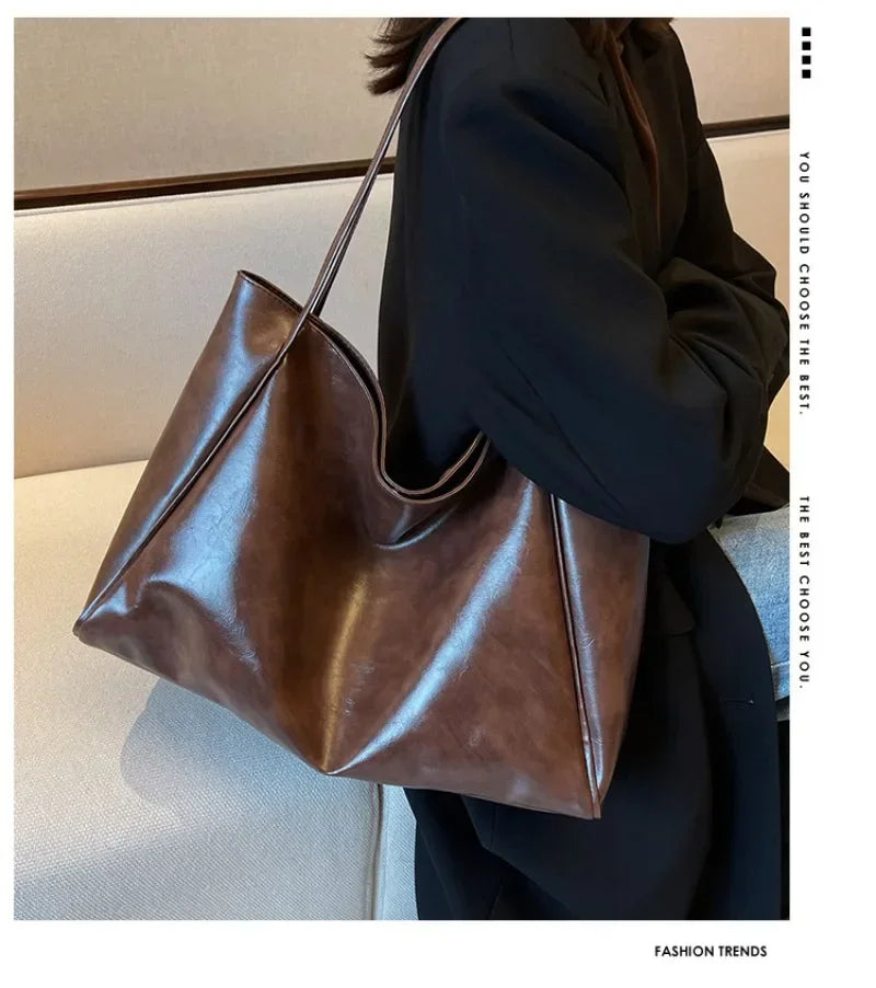 Fashion PU Leather Tote – Soft Large-Capacity Underarm & Crossbody Bucket Bag for Women
