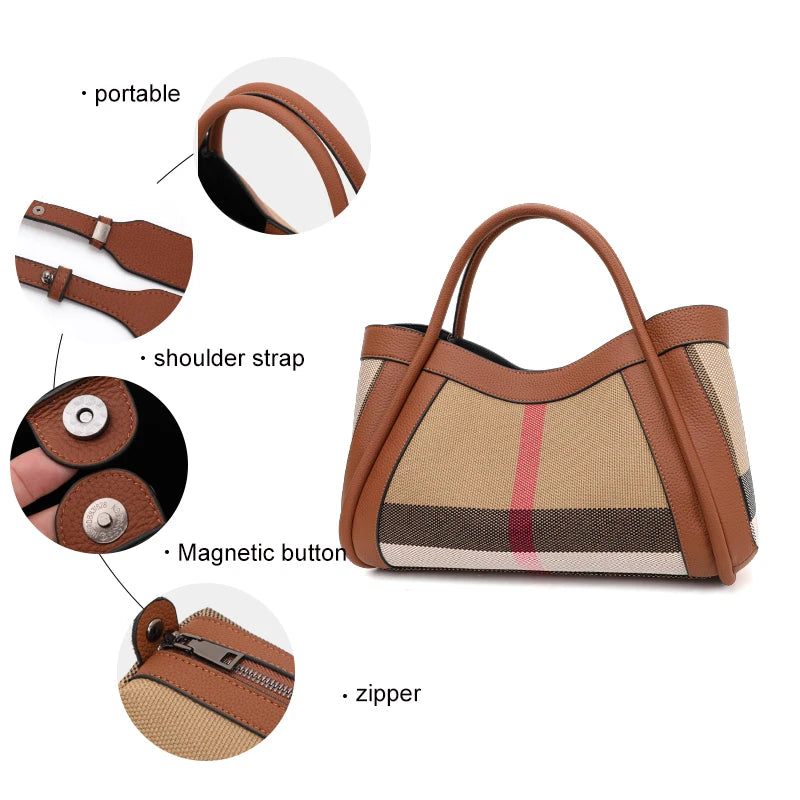 Retro Checkered Handbag – Large Capacity Canvas & Genuine Leather Tote for Women