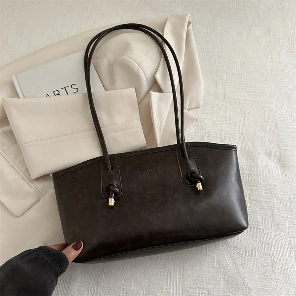 Y2K Solid Leather Tote – Large Capacity Work Shoulder Bag for Women
