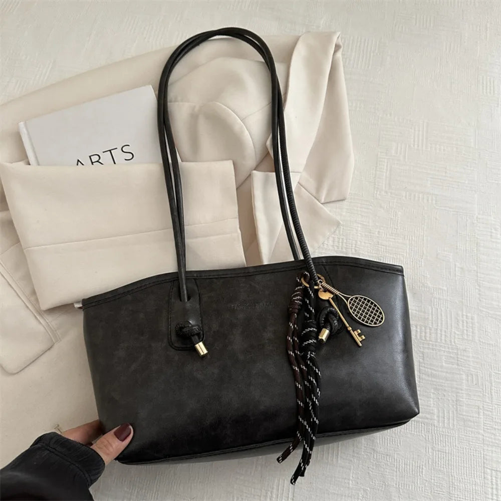 Y2K Solid Leather Tote – Large Capacity Work Shoulder Bag for Women