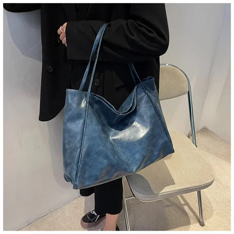 Fashion PU Leather Tote – Soft Large-Capacity Underarm & Crossbody Bucket Bag for Women