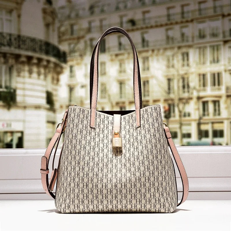 CH Premium Leather Crossbody – Large Letter Print Tote for Daily Commute