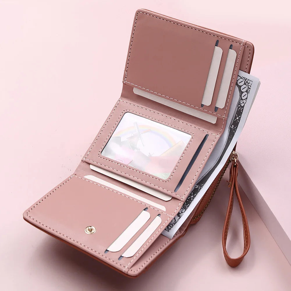 Four Seasons Women’s Short Wallet – Solid Color Zipper Clutch with Buckle for Girls & Students