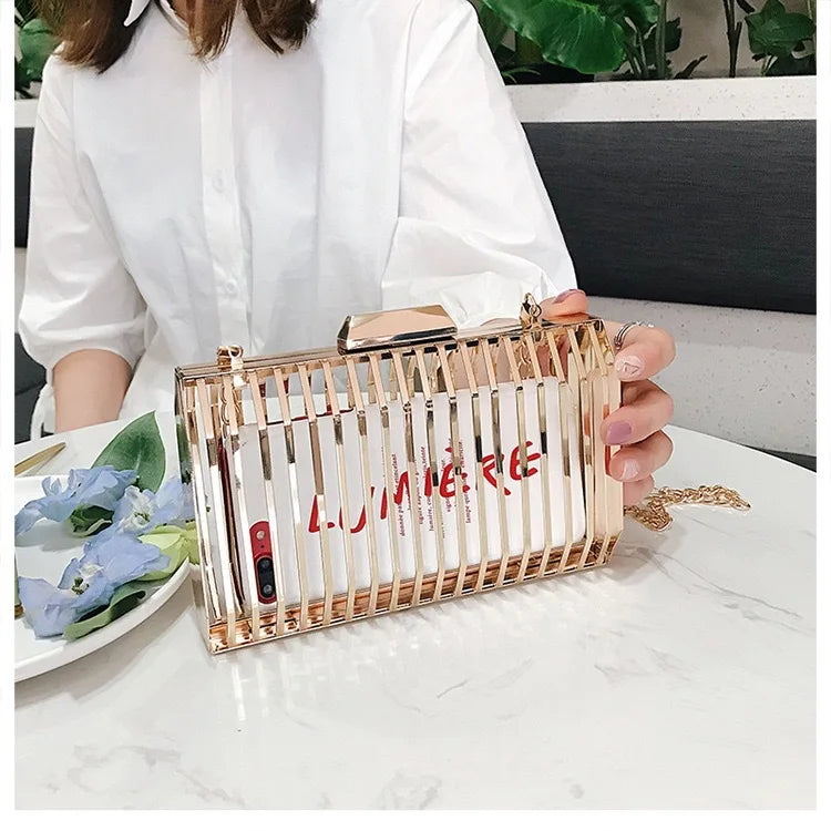 Gold Metal Cage Clutch – Luxury Chain Crossbody for Women’s Evening & Wedding