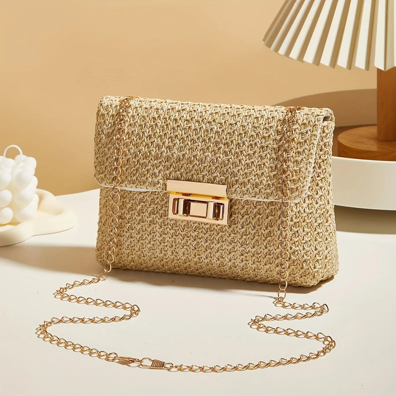 Woven Straw Shoulder Bag – Handwoven Solid Color Crossbody Purse with Lock Closure