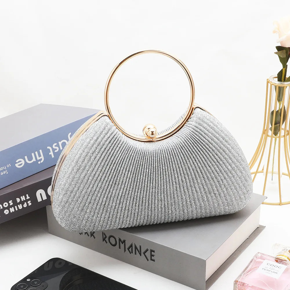 Silver Wrinkled Ring Clutch – Diamond-Studded Mini Evening Bag with Chain Strap
