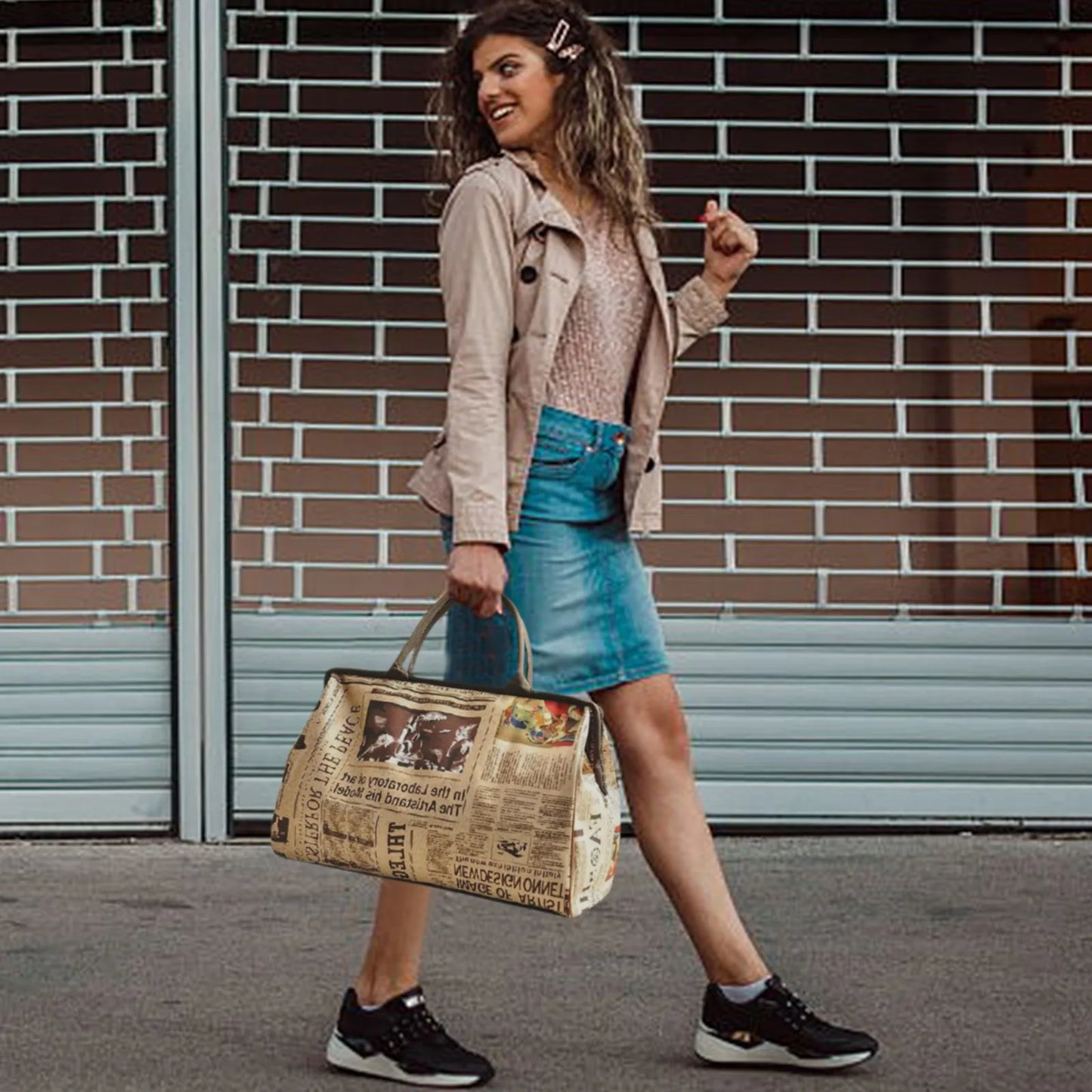 Vintage Print Travel Bag – Large Newspaper Shoulder Tote for Women