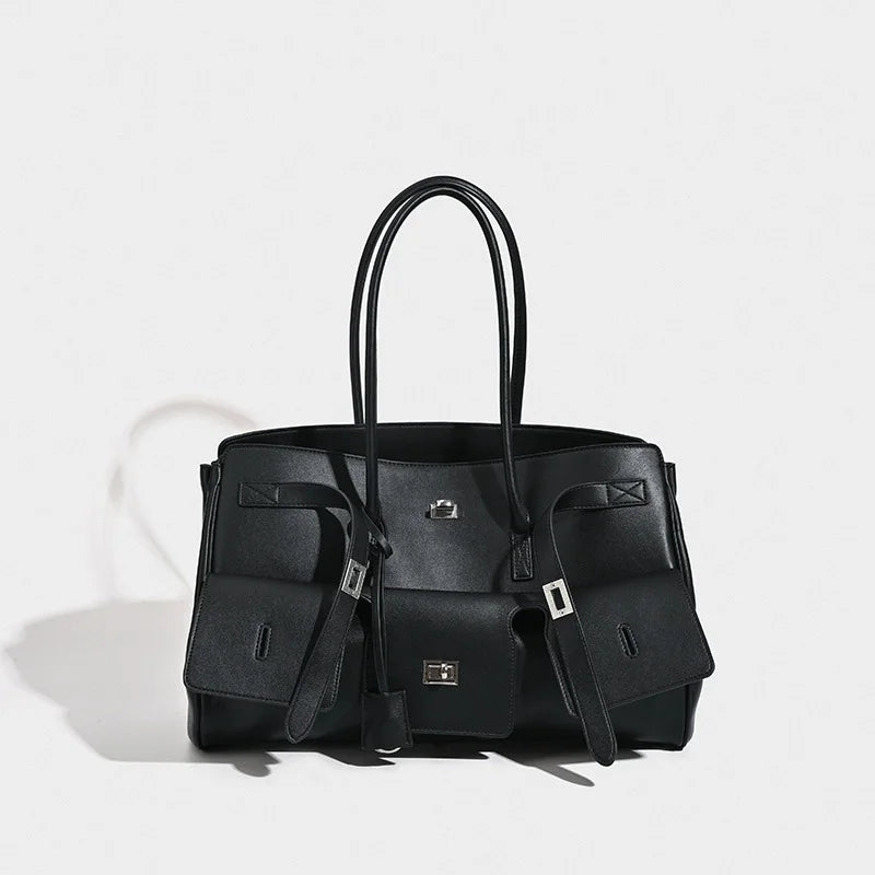 Black Genuine Leather Lock Tote – Trendy Winged Shoulder Bag for Women’s Daily Commute