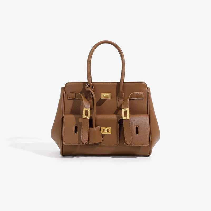 Black Genuine Leather Lock Tote – Trendy Winged Shoulder Bag for Women’s Daily Commute