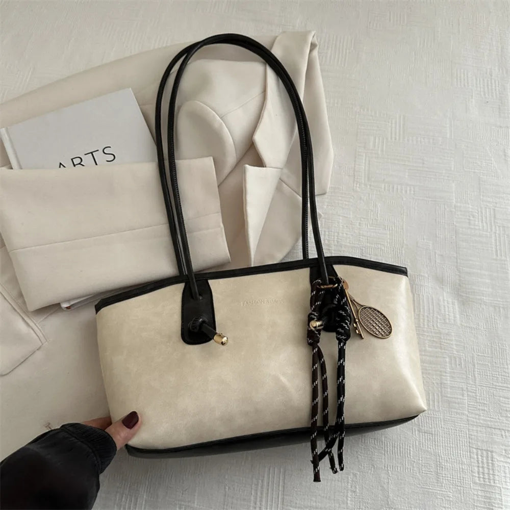 Y2K Solid Leather Tote – Large Capacity Work Shoulder Bag for Women