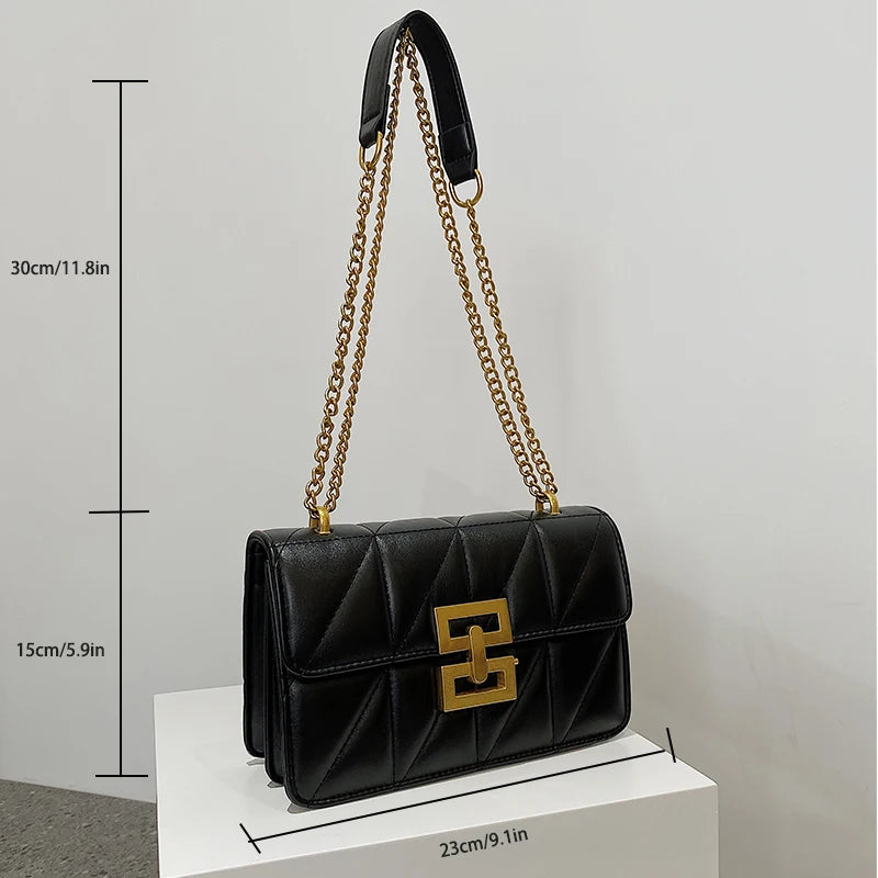 Embroidered PU Small Square Bag – Solid Color Chain Shoulder Bag with Lock Buckle