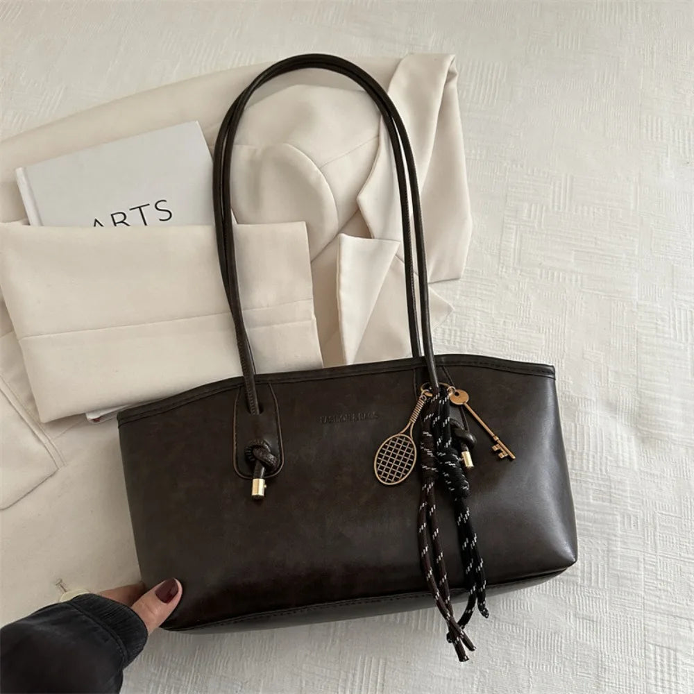 Y2K Solid Leather Tote – Large Capacity Work Shoulder Bag for Women