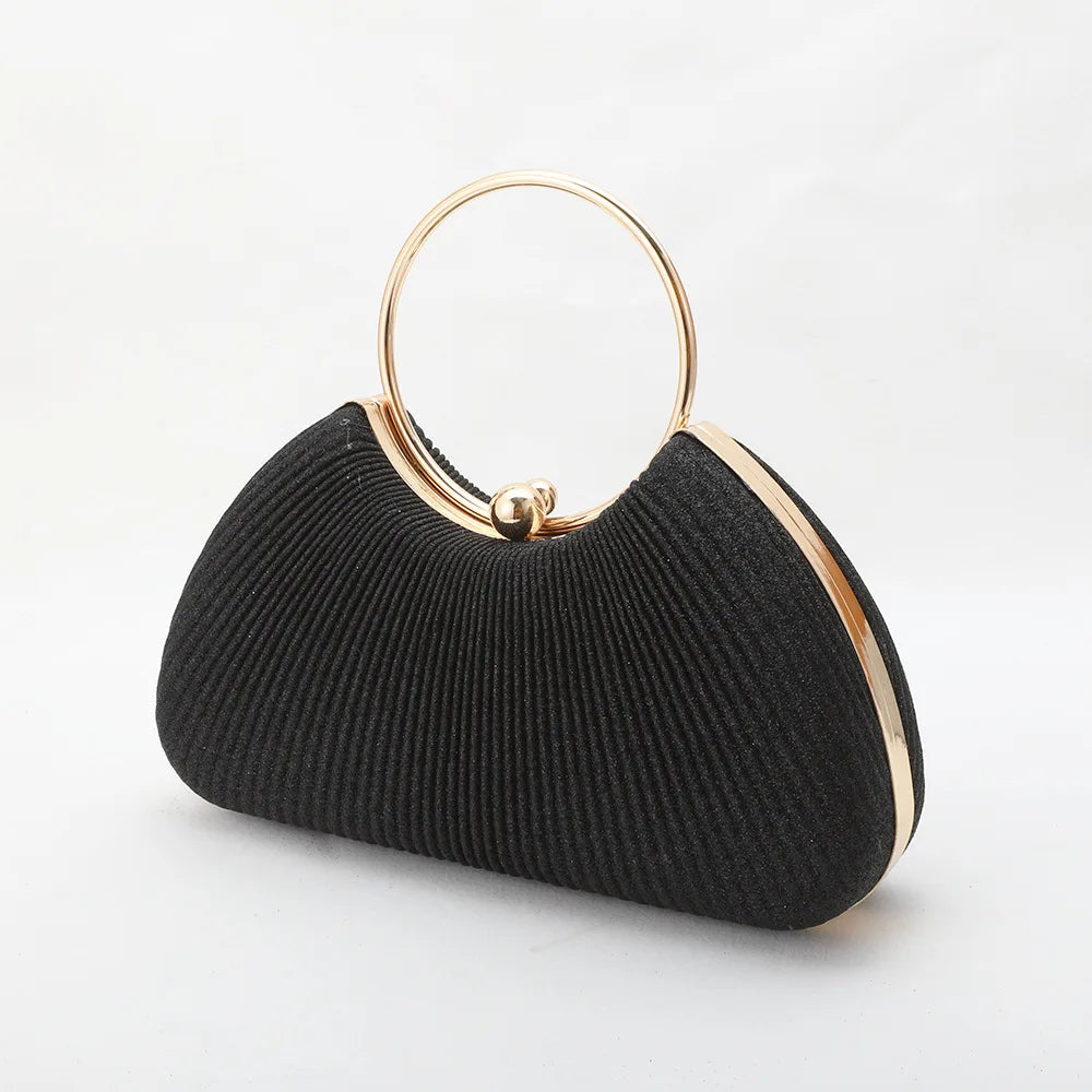Silver Wrinkled Ring Clutch – Diamond-Studded Mini Evening Bag with Chain Strap