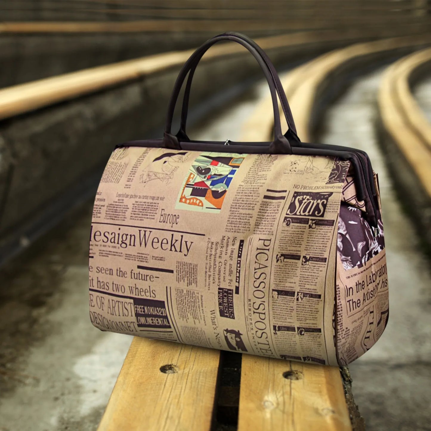 Vintage Print Travel Bag – Large Newspaper Shoulder Tote for Women
