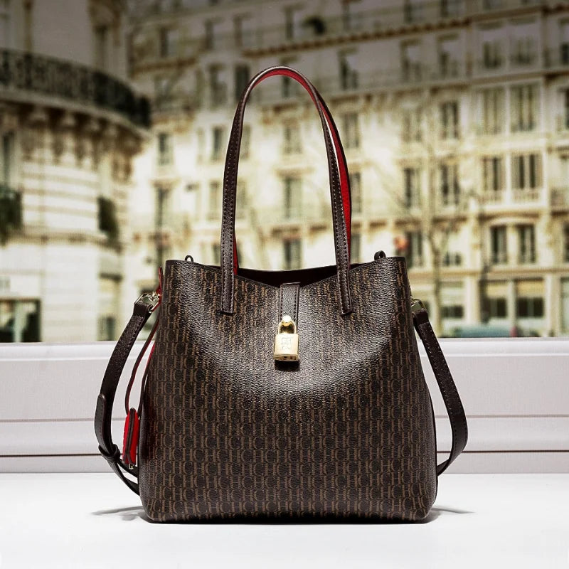 CH Premium Leather Crossbody – Large Letter Print Tote for Daily Commute
