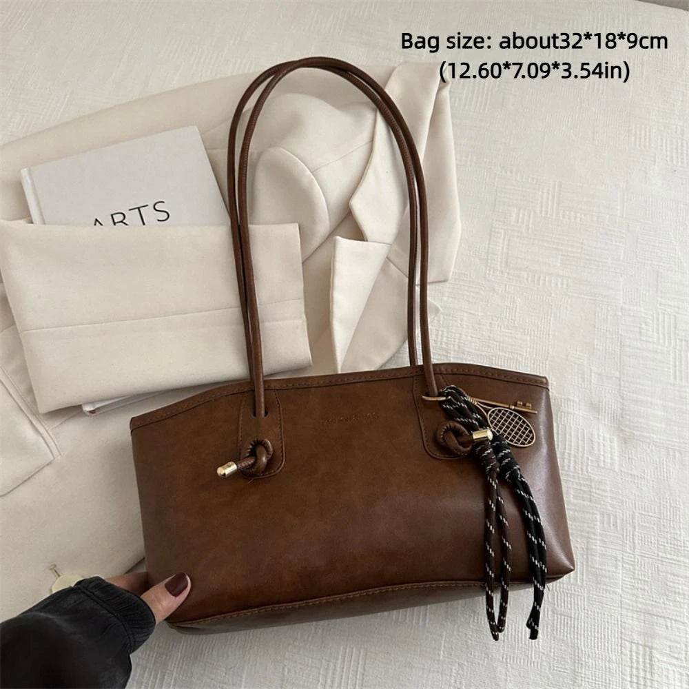 Y2K Solid Leather Tote – Large Capacity Work Shoulder Bag for Women