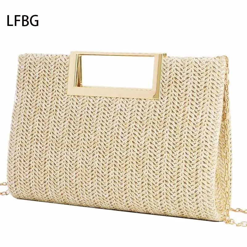 Straw Clutch Purse – Spring/Summer Handbag with Hollow Metal Chain