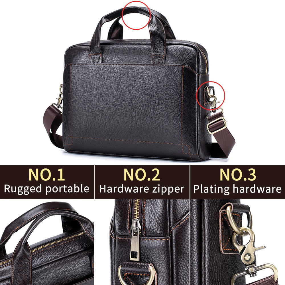 Men’s Top-Grain Leather Briefcase – Cowhide Laptop & Crossbody Office Bag