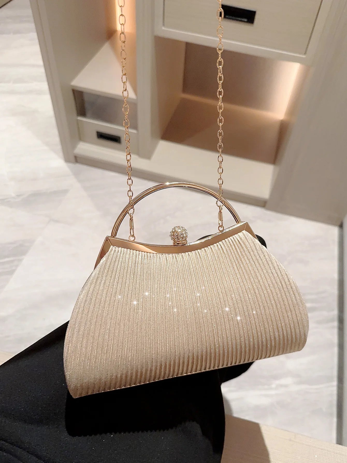 Classic Pleated Evening Bag – Shiny Handheld Clutch with Rhinestone Detail for Women