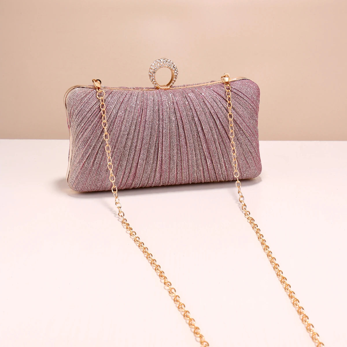 Valentine’s Diamond Ring Clutch – Ruched Evening Bag with Chain for Prom & Dinner