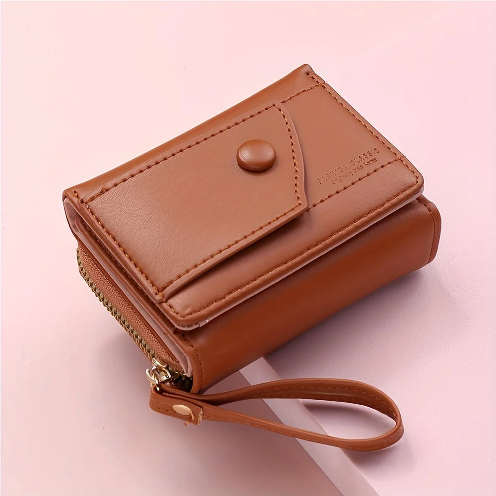 Four Seasons Women’s Short Wallet – Solid Color Zipper Clutch with Buckle for Girls & Students