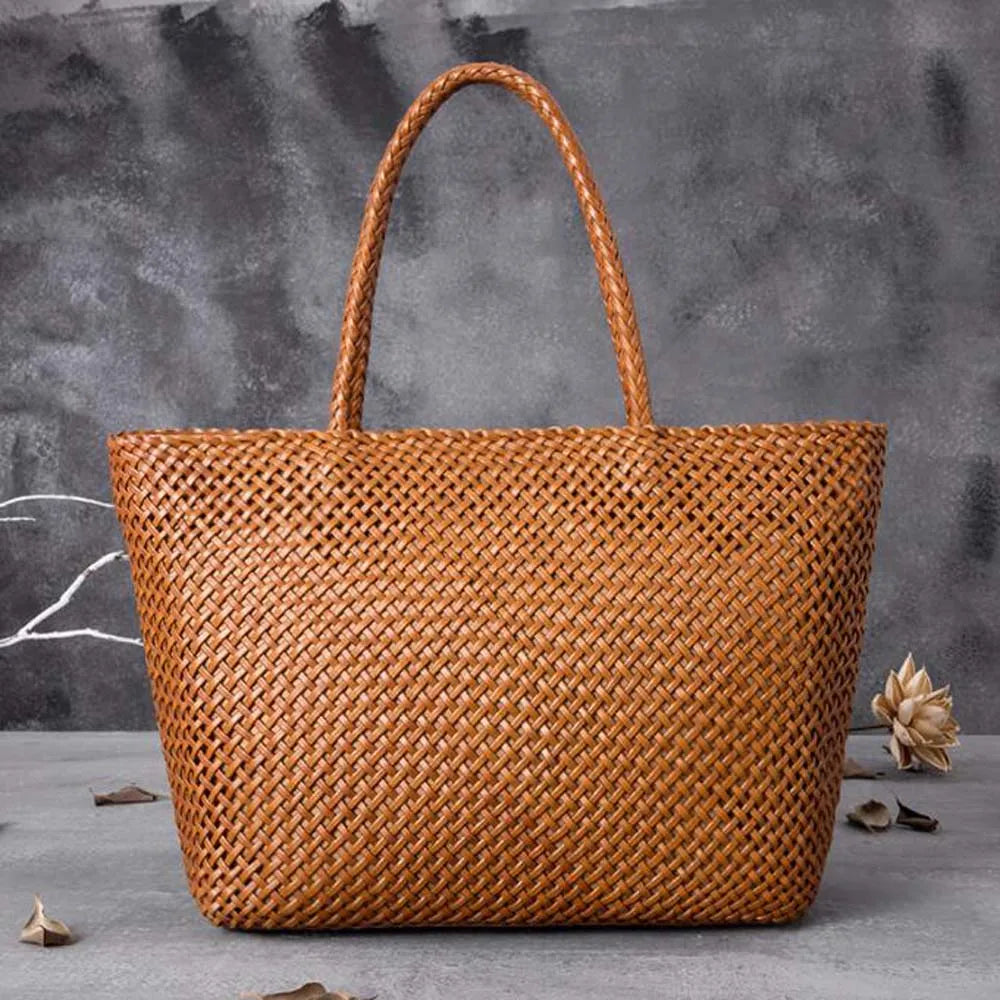 Romantic Woven Leather Tote – Handmade Cowhide Bucket Bag for Women’s Beach & Holiday