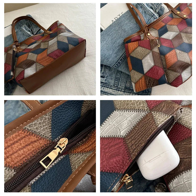 Vintage Patchwork PU Tote – Large Capacity Casual Shoulder Bag for Women